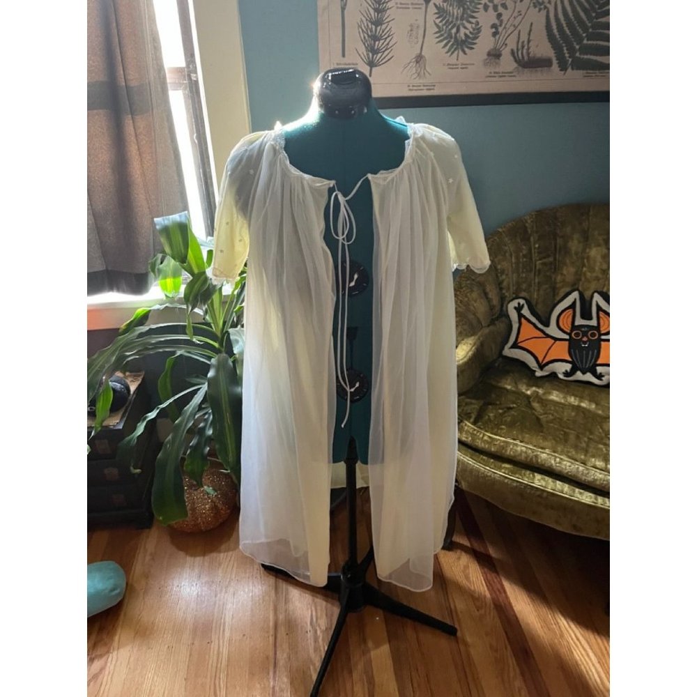 60s Ethereal Yellow + White Sheer Nightgown with Tie Closure at Neckline, Lace N